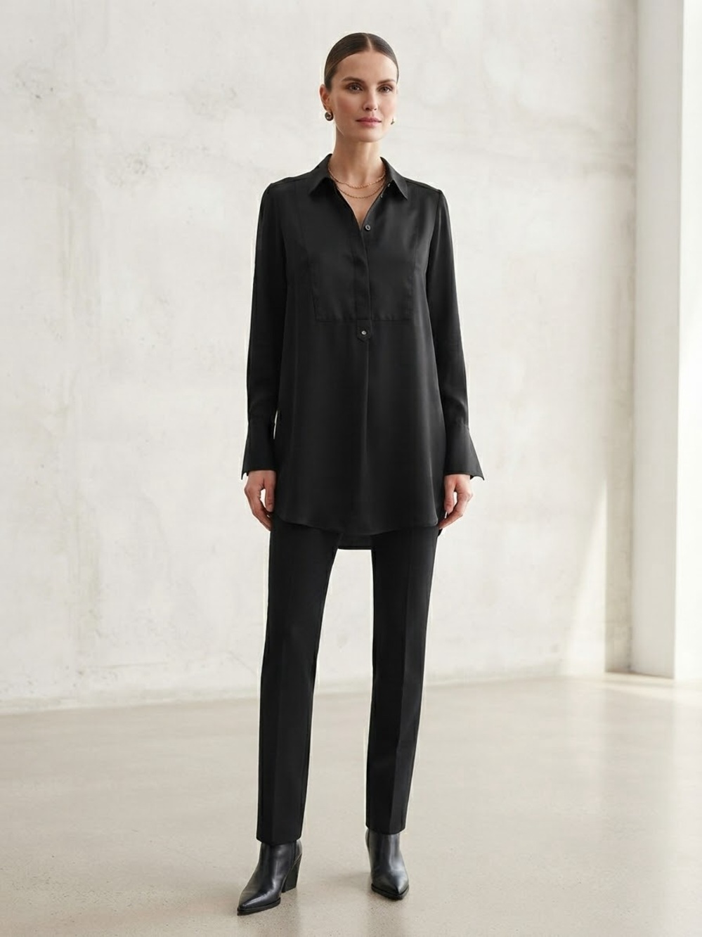 NWOT Vince 100% Silk Black Tuxedo Bib Long Sleeve Blouse Shirt Size XS
